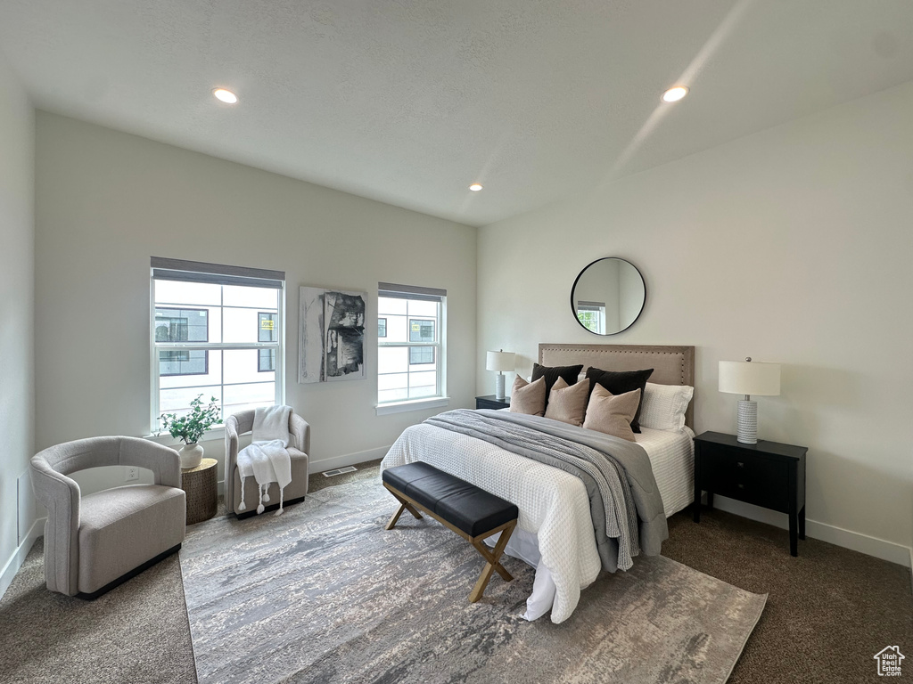 Bedroom featuring baseboards, carpet floors, and recessed lighting