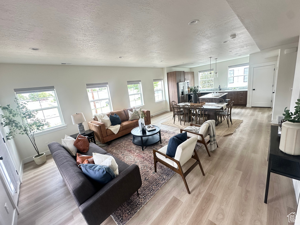 Living area with light wood-style flooring, a textured ceiling, healthy amount of natural light, and baseboards