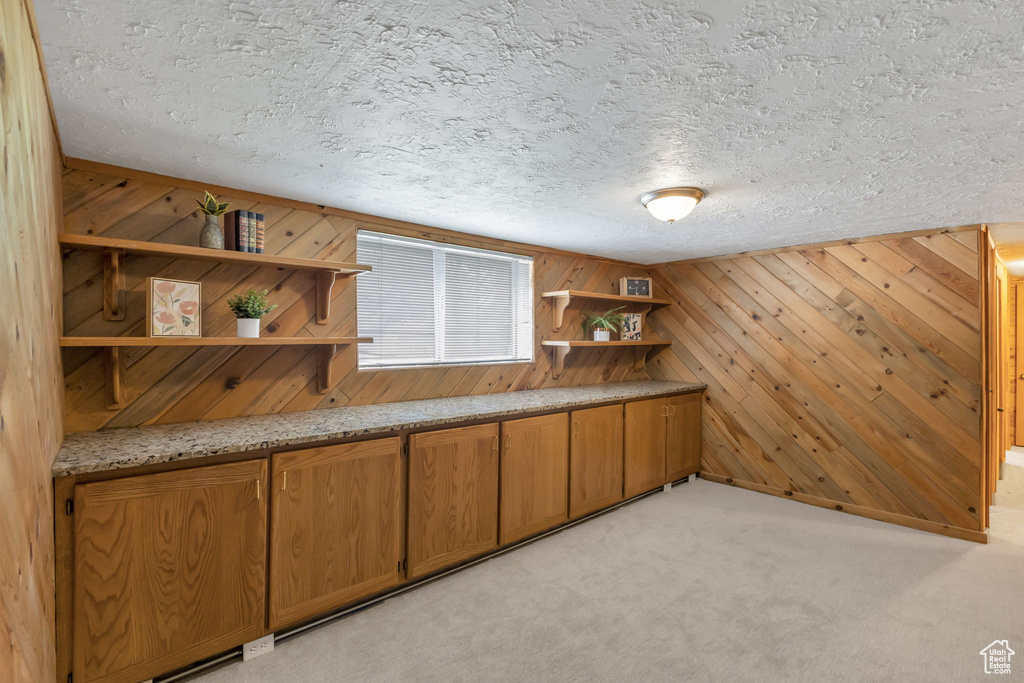 Bar area featuring a textured ceiling, wooden walls, and light colored carpet