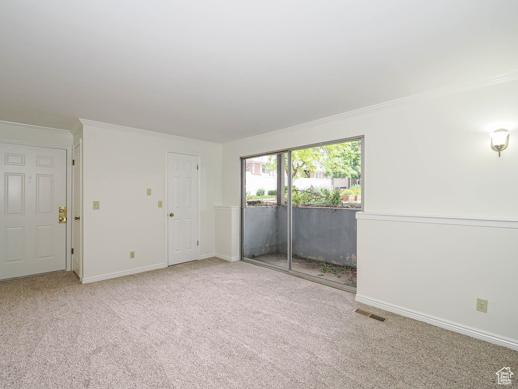 Unfurnished bedroom with crown molding, carpet floors, baseboards, and access to outside