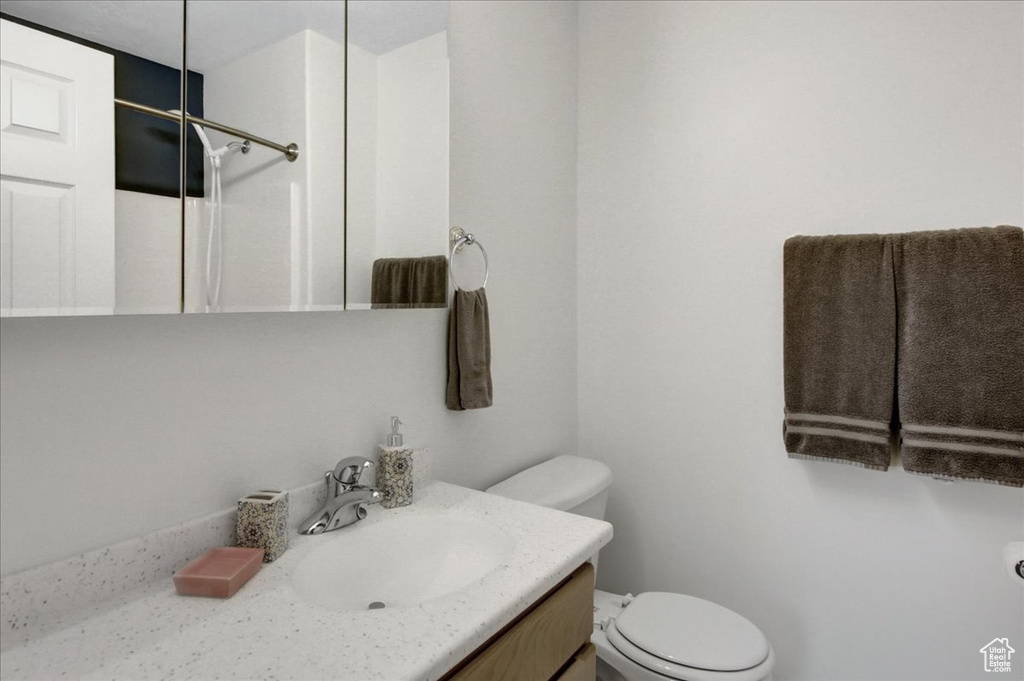Bathroom featuring toilet, vanity, and a shower