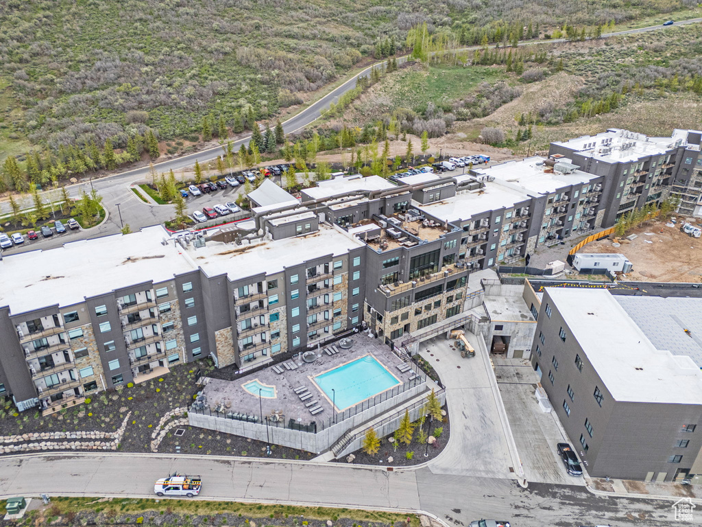 Drone / aerial view of a pool