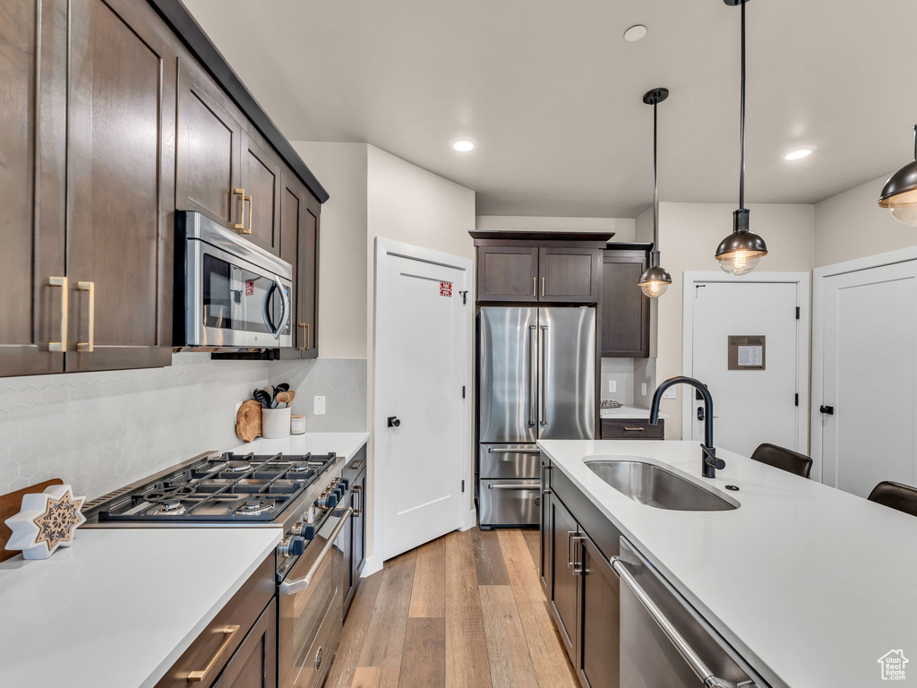 Kitchen featuring appliances with stainless steel finishes, a sink, light wood-style floors, light countertops, and dark brown cabinets