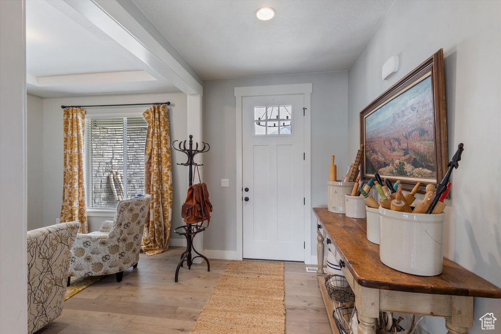 Entrance foyer featuring healthy amount of natural light, light wood-style flooring, and baseboards