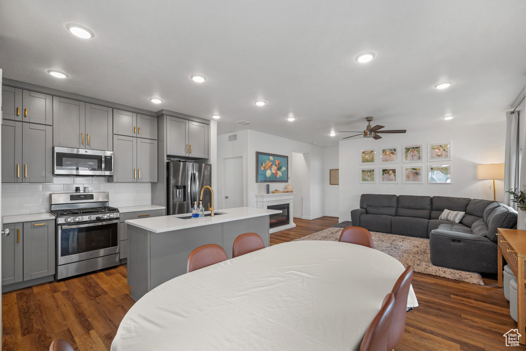 Kitchen with appliances with stainless steel finishes, gray cabinets, ceiling fan, a kitchen island with sink, and light countertops