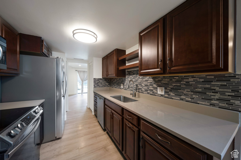 Kitchen with a sink, appliances with stainless steel finishes, open shelves, and tasteful backsplash