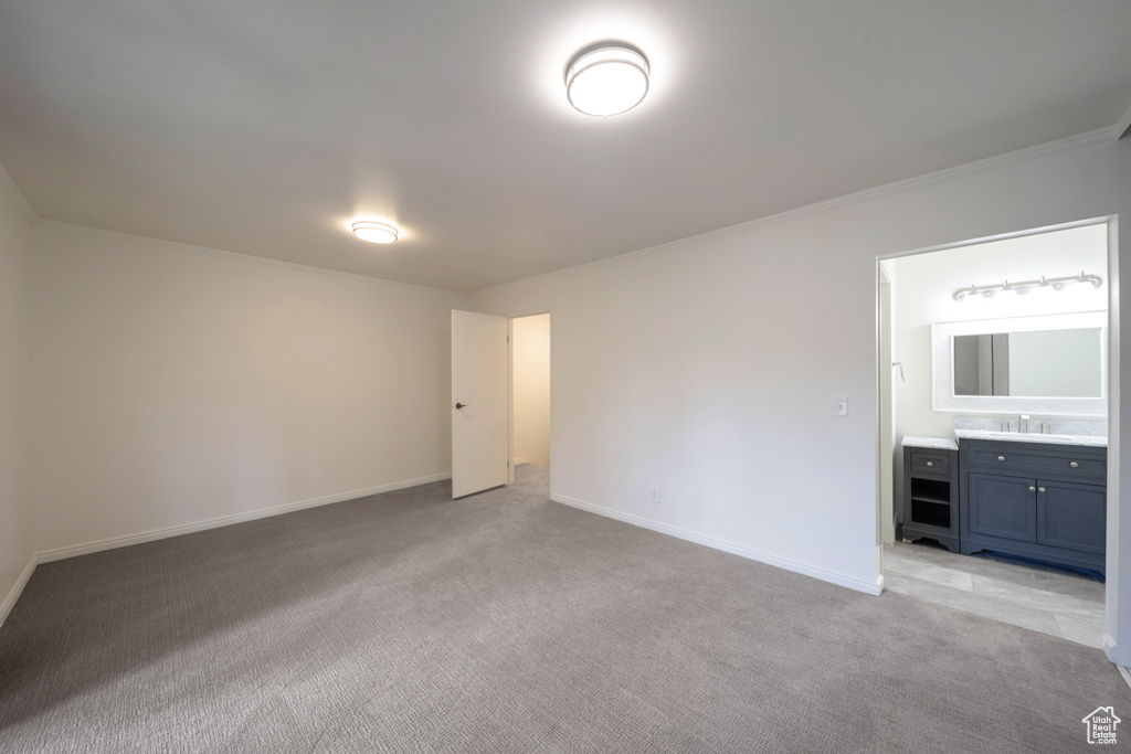 Unfurnished bedroom featuring a sink, light carpet, baseboards, and ornamental molding
