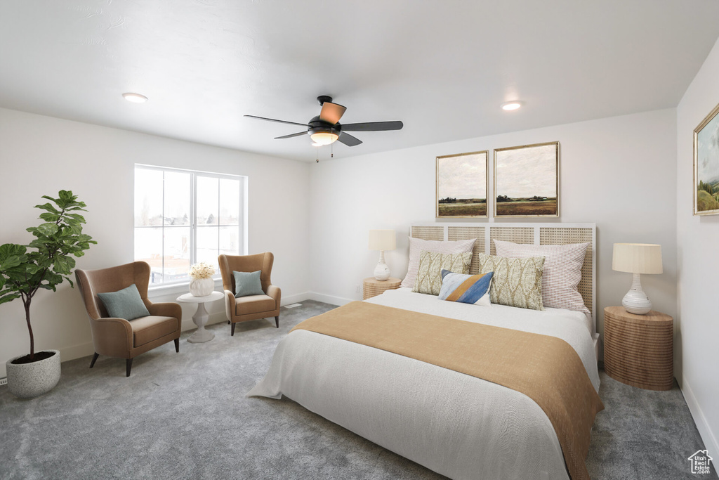 Bedroom featuring carpet, baseboards, ceiling fan, and recessed lighting