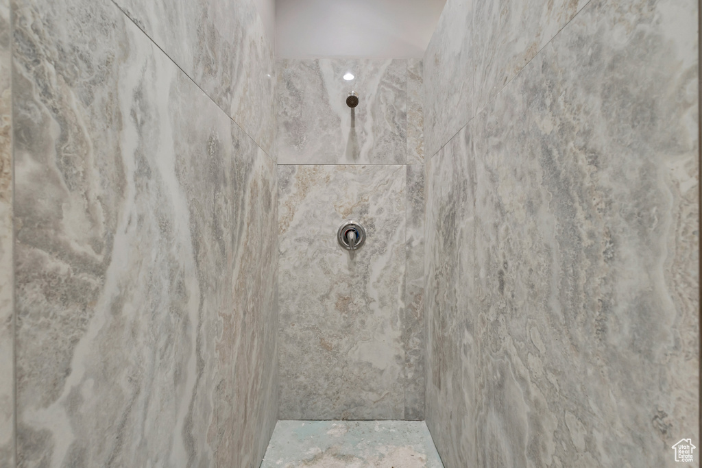 Bathroom view of a tile shower