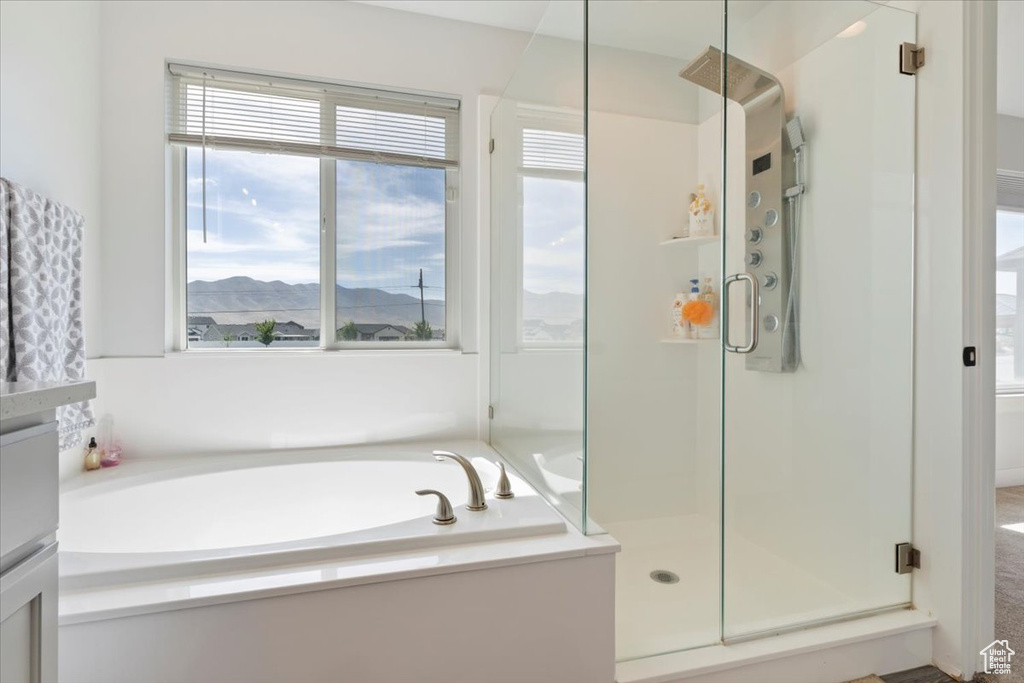 Full bathroom featuring a shower stall, a garden tub, and a mountain view