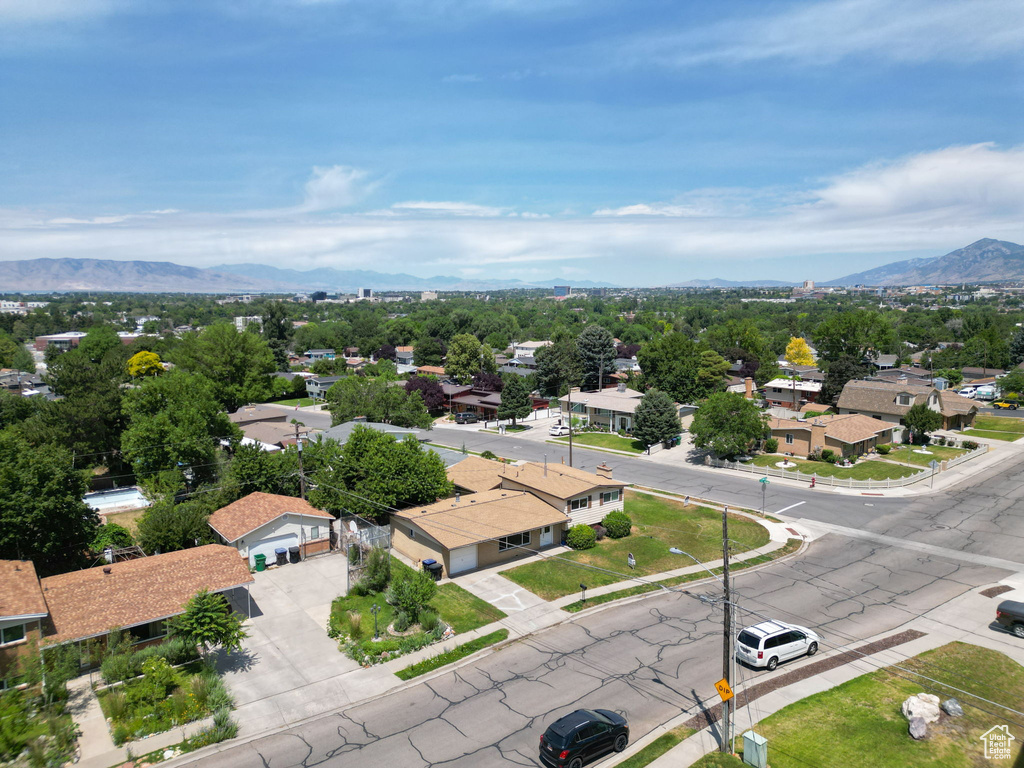 Aerial view of residential area with mountains