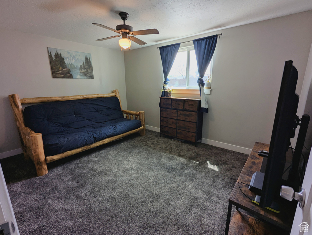 Sitting room with ceiling fan, carpet, baseboards, and a textured ceiling