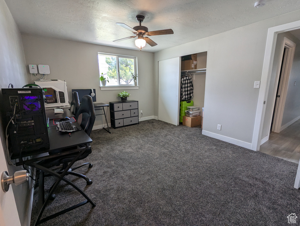 Office featuring ceiling fan, carpet, baseboards, and a textured ceiling