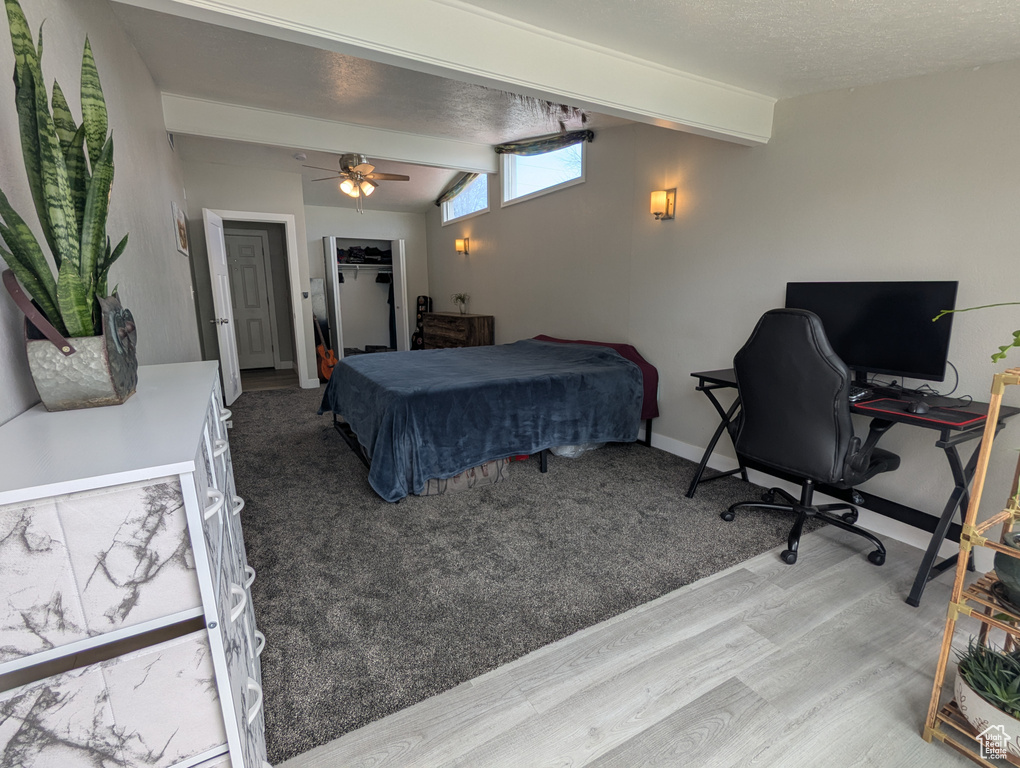 Bedroom featuring wood finished floors, a desk, a ceiling fan, a walk in closet, and a closet