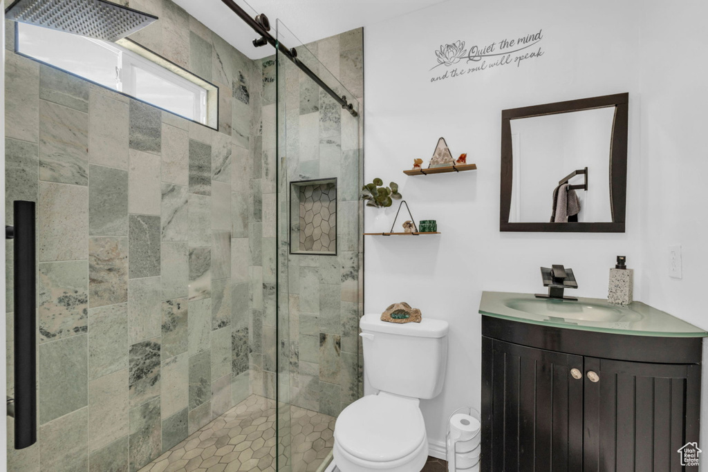 Bathroom featuring a shower stall, vanity, and toilet