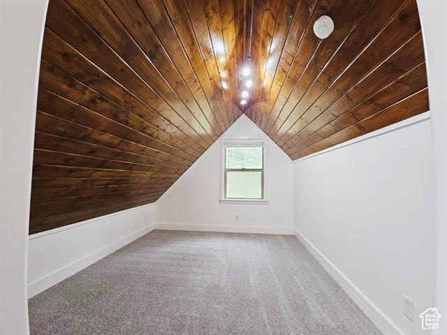 Additional living space featuring wood ceiling, lofted ceiling, carpet floors, and baseboards