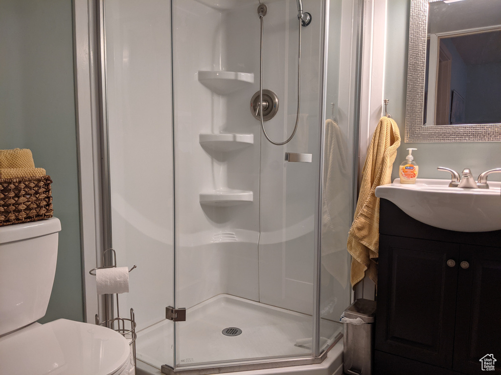 Bathroom with toilet, a shower stall, and vanity