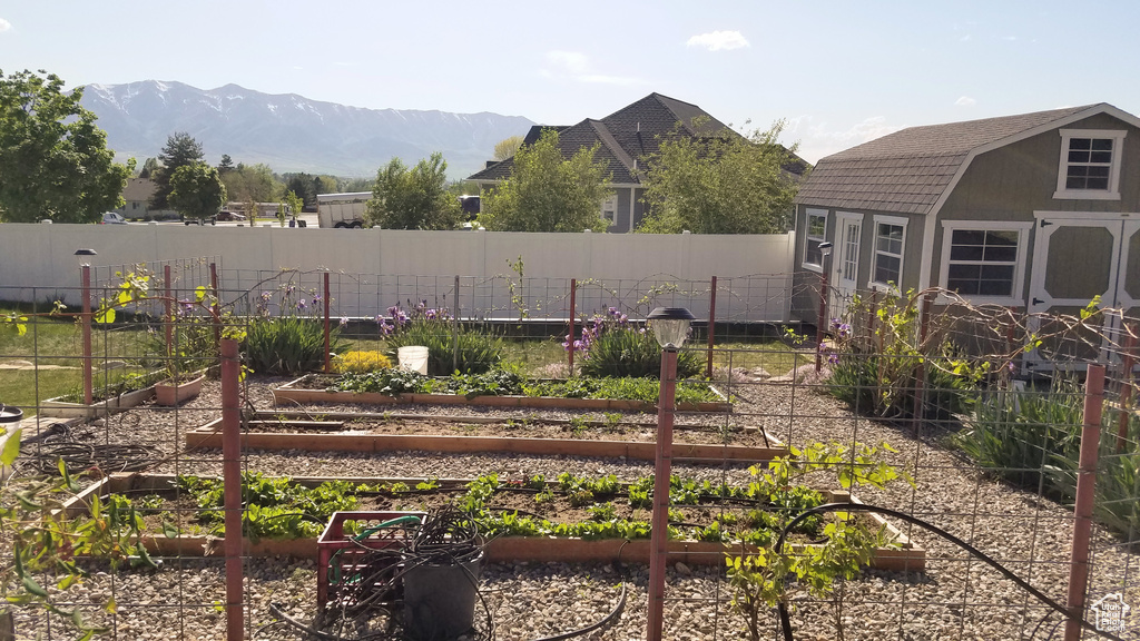 View of yard featuring a garden, fence, a mountain view, and an outbuilding