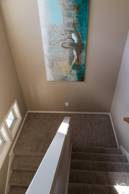 Stairway featuring carpet and baseboards