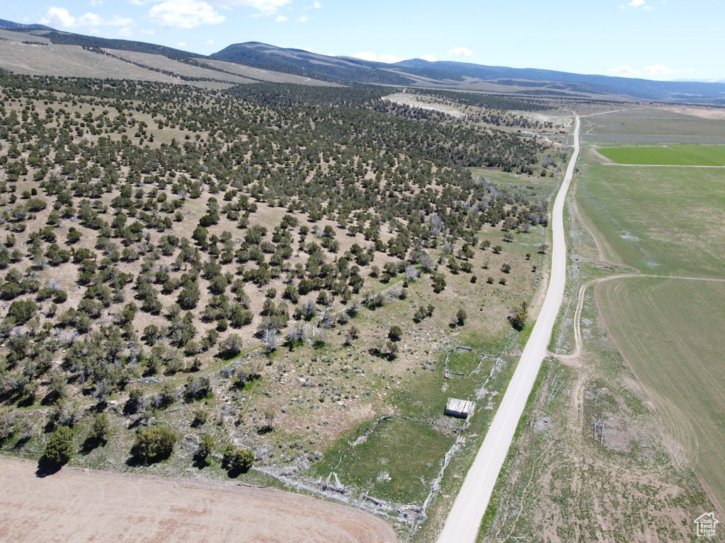 Overview of rural landscape with a mountain backdrop