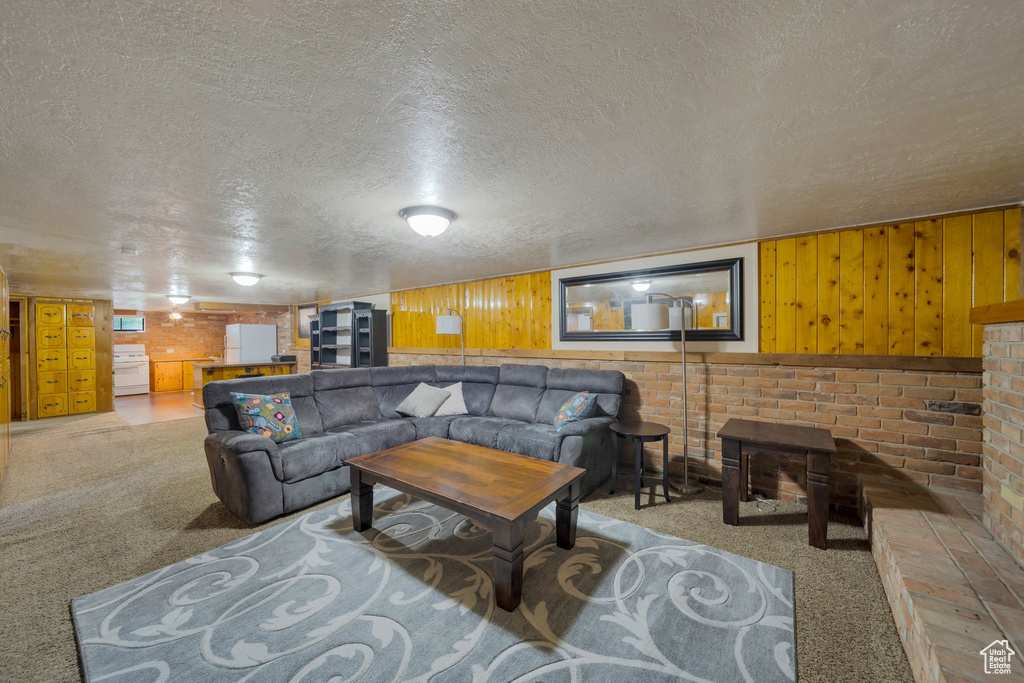 Living area featuring carpet, a textured ceiling, and wood walls