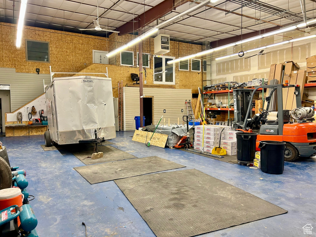 Garage featuring a workshop area