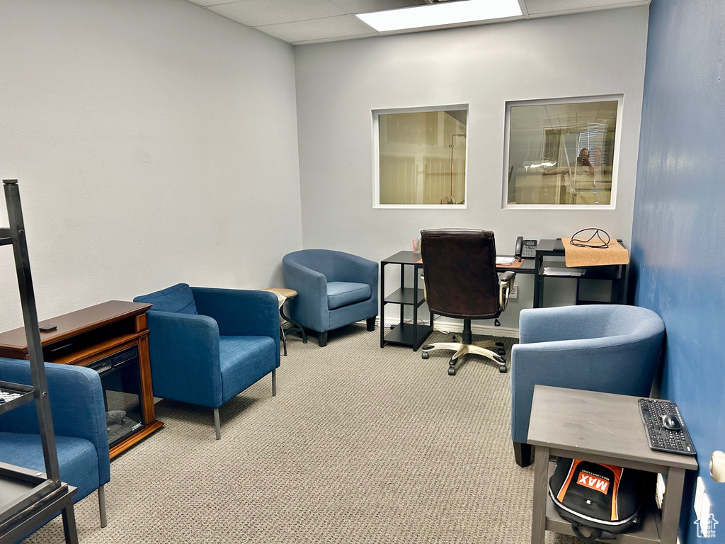 Carpeted office space with a paneled ceiling