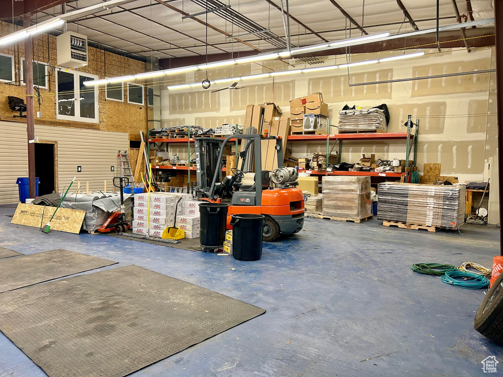 Garage featuring a workshop area