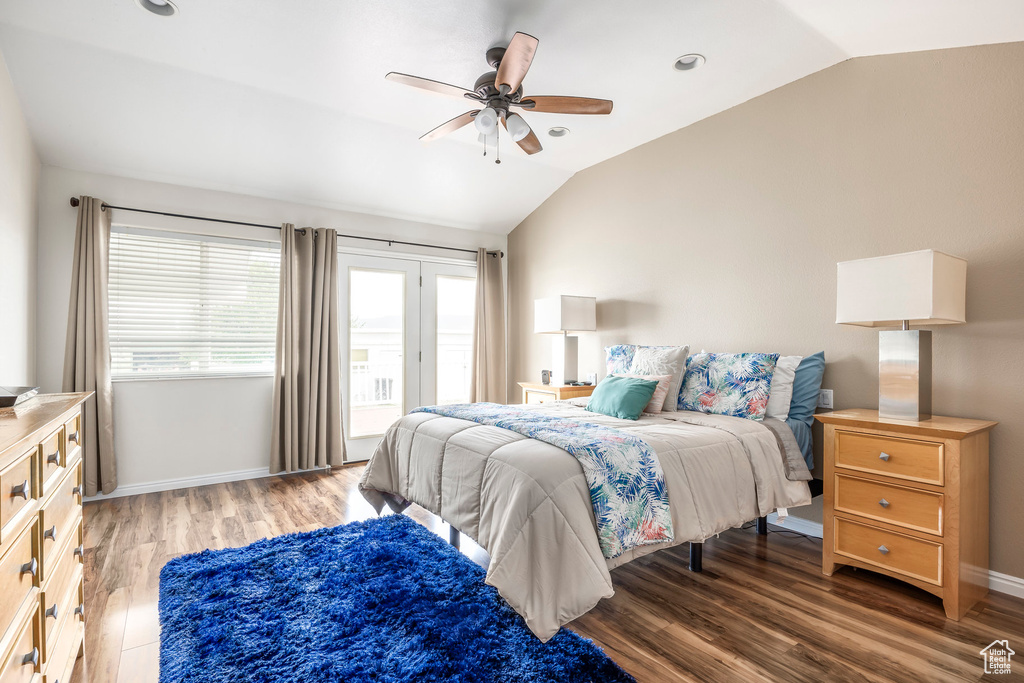 Bedroom featuring lofted ceiling, access to outside, light wood-style flooring, baseboards, and ceiling fan