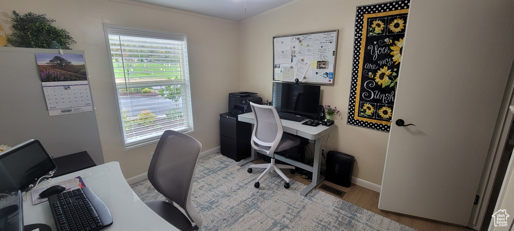 Office featuring baseboards, healthy amount of natural light, wood finished floors, and crown molding