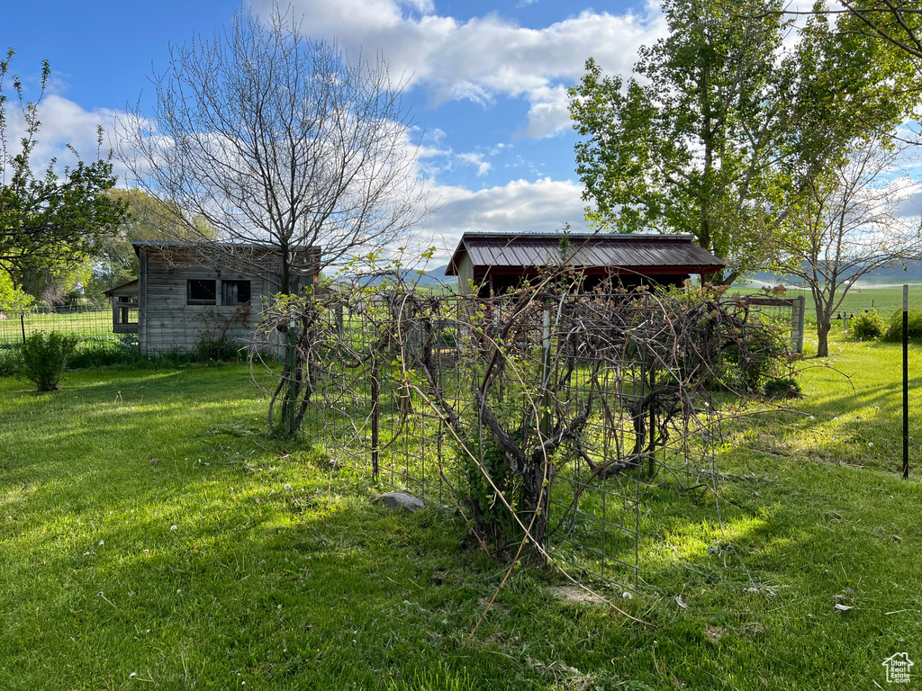 View of green lawn with an outbuilding