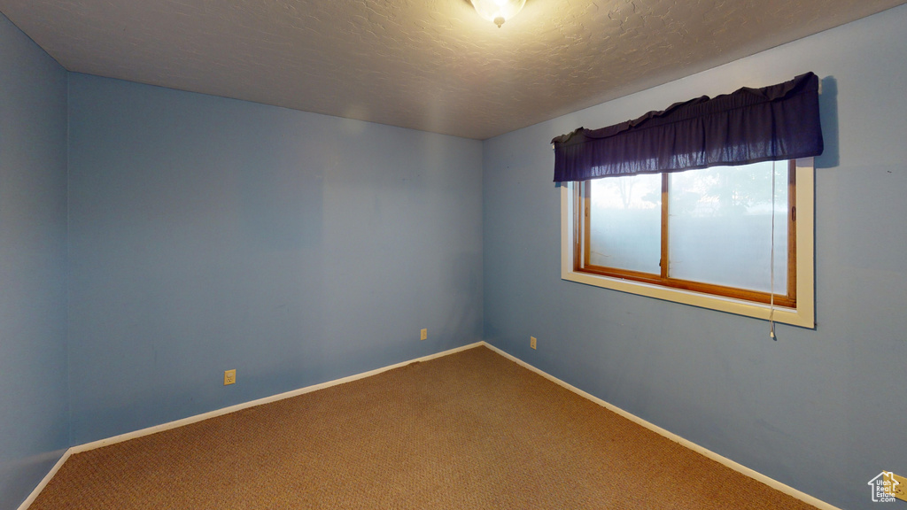 Empty room featuring carpet floors, baseboards, and a textured ceiling