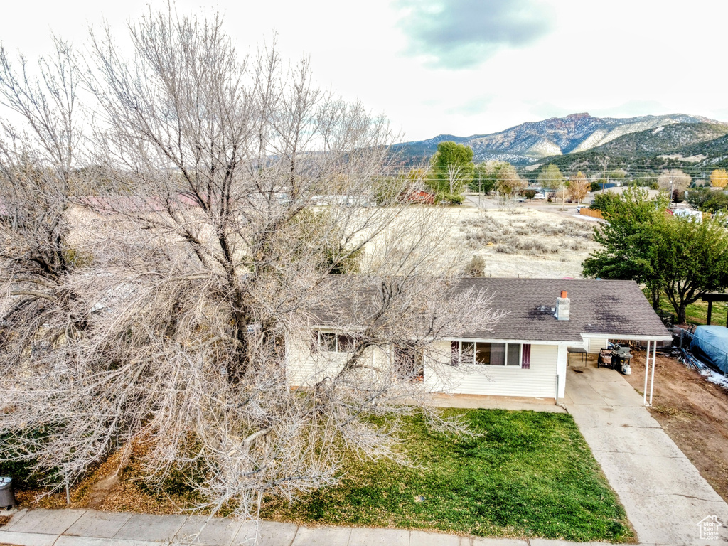View from above of property featuring a mountain backdrop