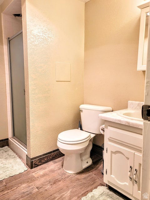 Bathroom with wood finished floors, a shower stall, toilet, vanity, and baseboards