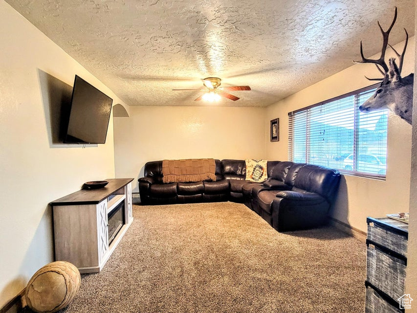 Carpeted living room with ceiling fan, a textured ceiling, and baseboards