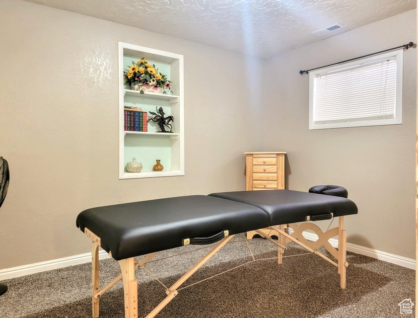 Workout area featuring carpet flooring, a textured ceiling, and baseboards