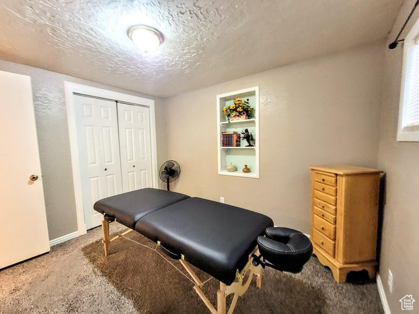 Misc room featuring carpet floors, a textured ceiling, and baseboards