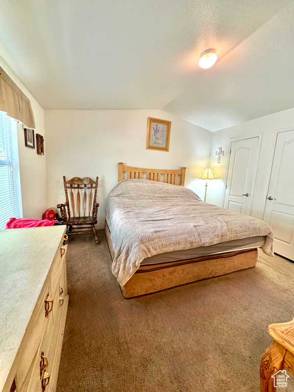 Bedroom featuring dark colored carpet, a textured ceiling, and lofted ceiling