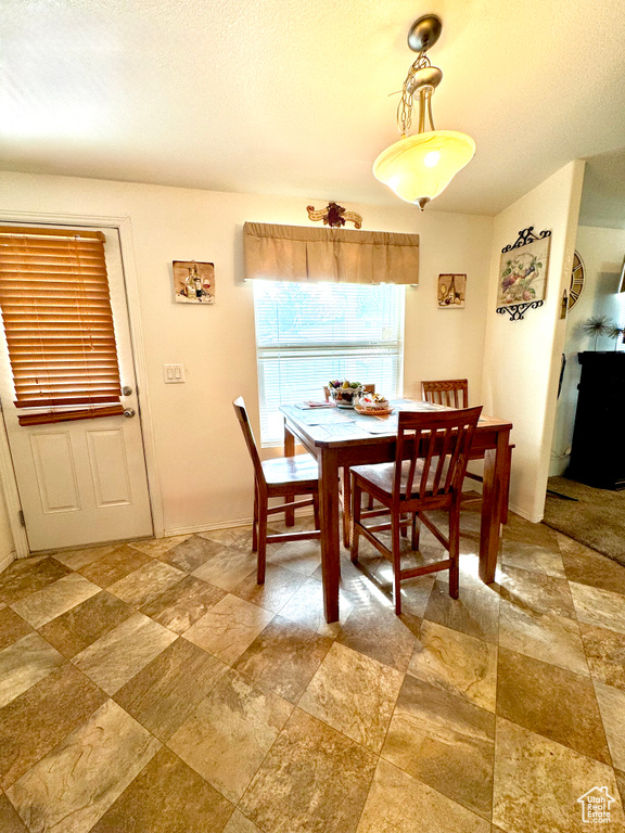 Dining room with stone finish floor