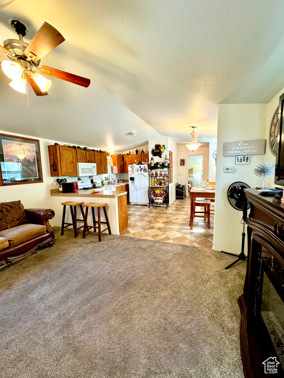 Living area featuring light floors, a ceiling fan, vaulted ceiling, and a textured ceiling