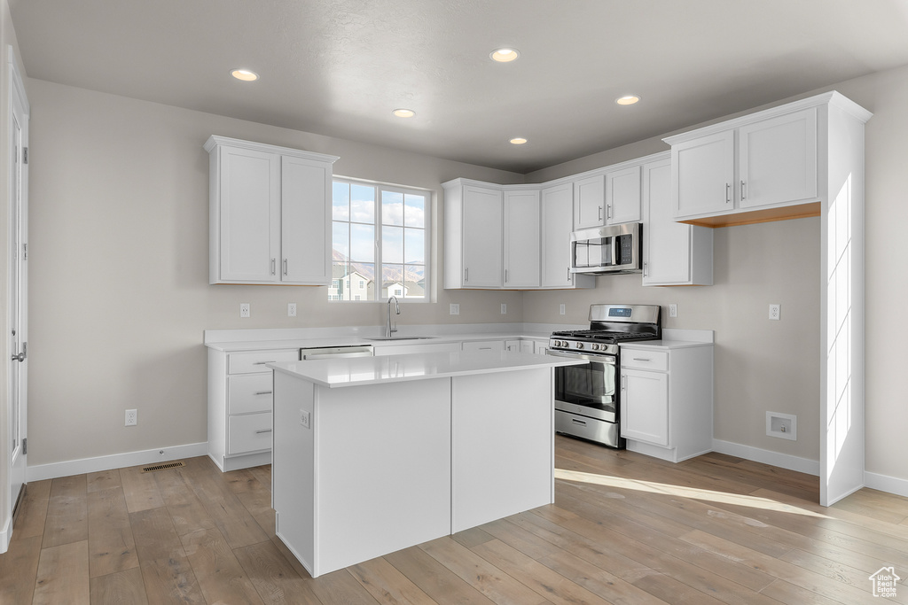 Kitchen featuring stainless steel appliances, a sink, light wood finished floors, light countertops, and recessed lighting