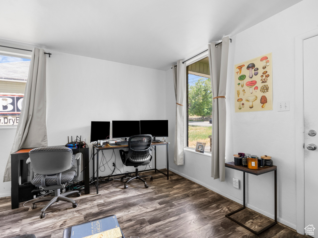 Home office featuring healthy amount of natural light and wood finished floors