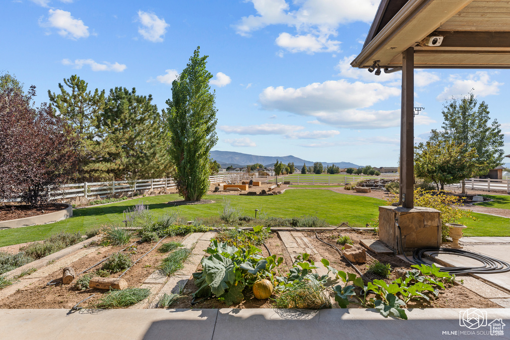 View of yard with a vegetable garden and a mountain view