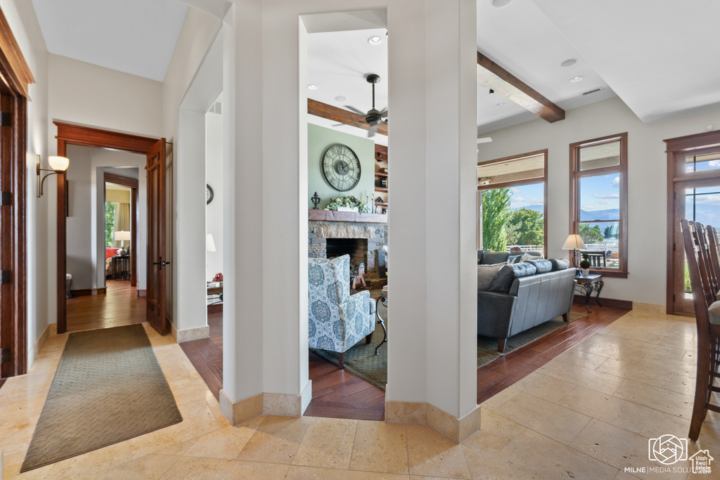 Hallway with baseboards and recessed lighting
