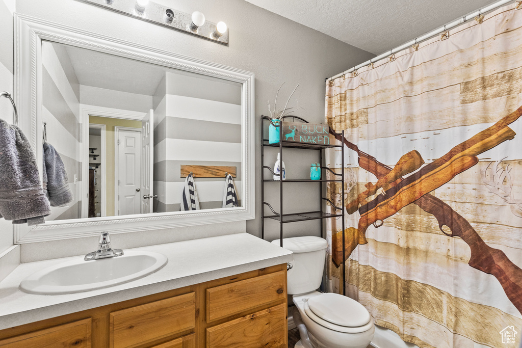 Full bathroom featuring vanity, toilet, a textured ceiling, and a shower with shower curtain