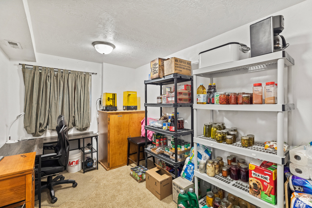 Home office featuring carpet and a textured ceiling