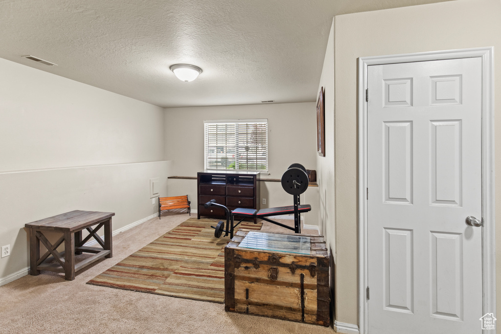 Office featuring a textured ceiling, carpet, and baseboards