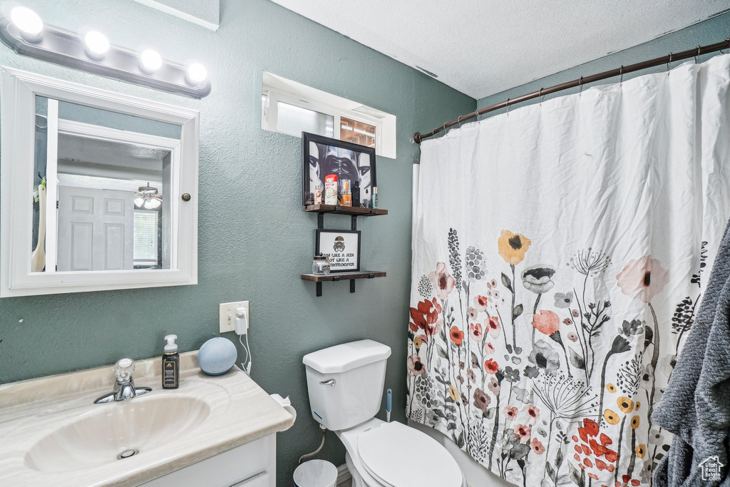 Bathroom with toilet, vanity, a shower with curtain, and a textured wall