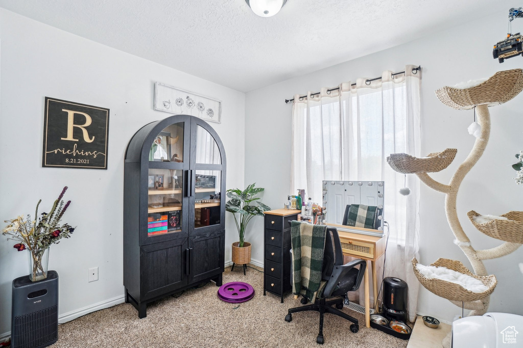 Home office with light carpet, baseboards, a textured ceiling, and arched walkways