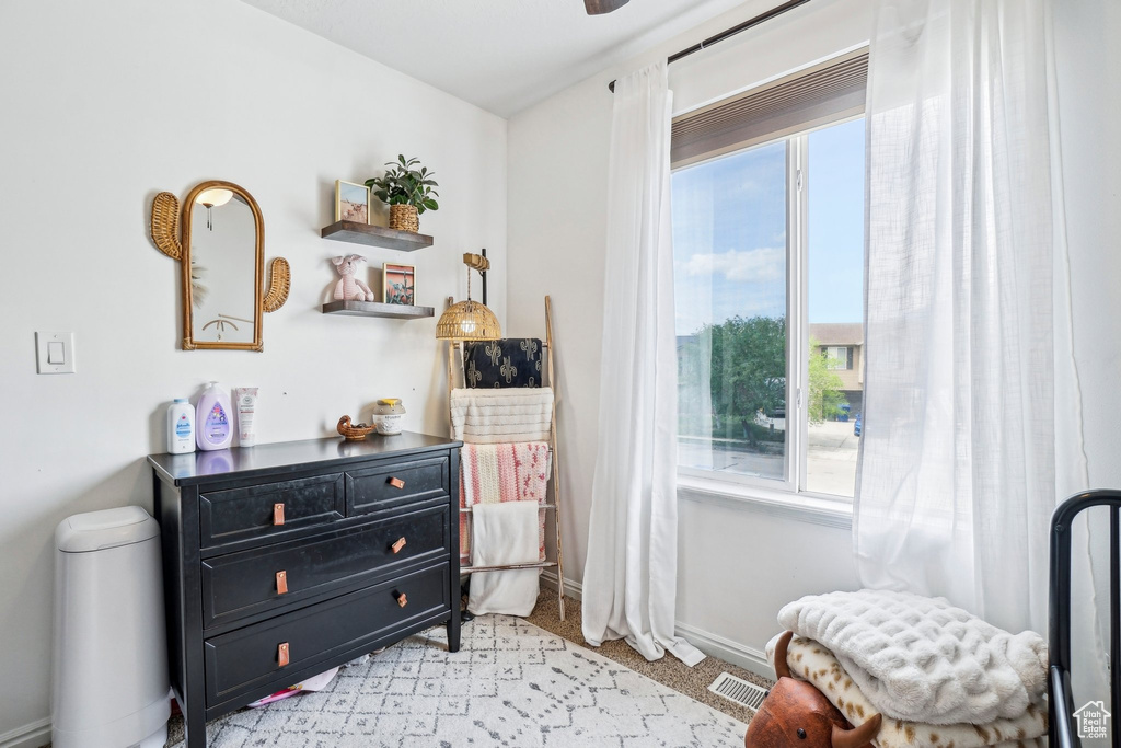 Sitting room featuring light colored carpet and baseboards